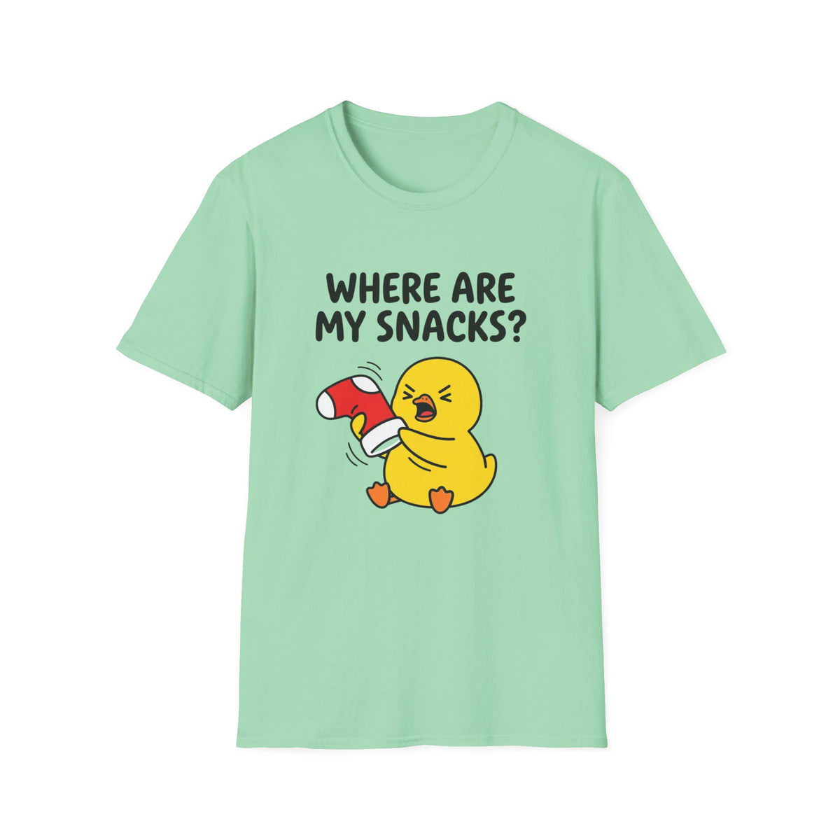 Where Are My Snacks? Funny Chick T-Shirt — Cute Snack-Loving Cartoon Tee